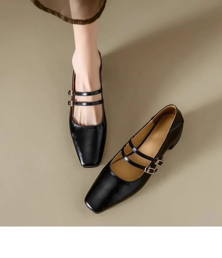 Cyflymder  Women's Mary Jane Shoes 2025 Spring Autumn New Fashion Buckle Strap Luxury Leather Shoes Comfortable Square Toe Party Sexy Pumps