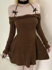 Cyflymder  Autumn Sweet Y2k Halter Slash Neck Long Sleeve Solid All Match Slim Short knitted Dresses