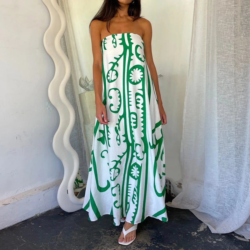 Cyflymder  Beach Holiday Strapless Maxi Tube Dress Vintage Fruit Print Backless Swing Loose Dress Women Summer Boho Off Shoulder Long Dress
