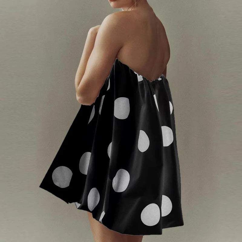 Cyflymder  Women Elegant Hight Waist Loose A-Line Dress Sexy Off Shoulder Strapless Short Dress Retro Polka Dot Print Sleeveless Mini Dress