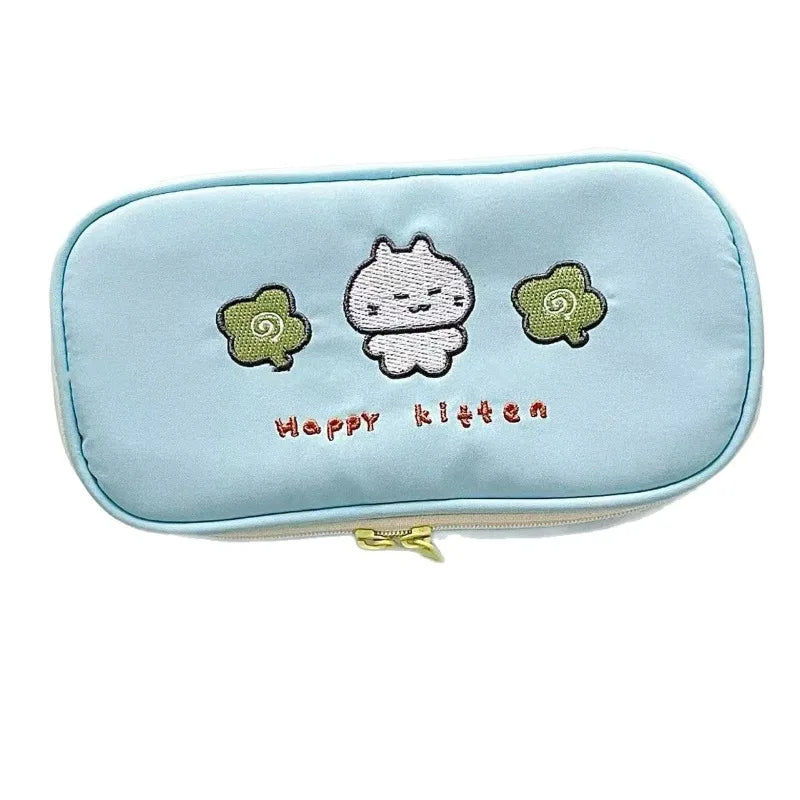 Cyflymder  Cute Cartoon Embroidery Pencil Case for Kids Boy Girl Kawaii Clover Kitten Stationery Organizer Portable Large Capacity Pen Bag