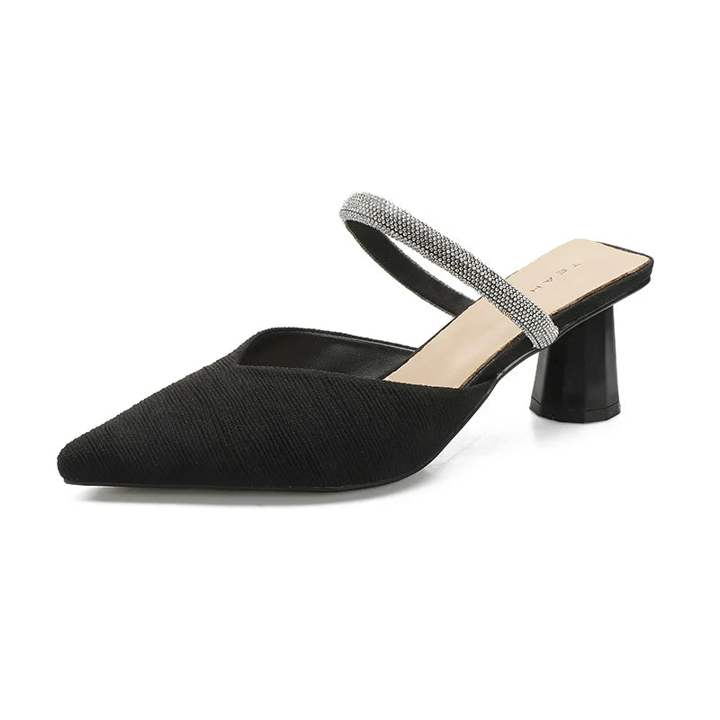 Cyflymder  Pointed Slippers Women's Summer New Rear Empty Rhinestone Thick Heel Bag Head Sandals Fashion High-heeled Women's Slippers
