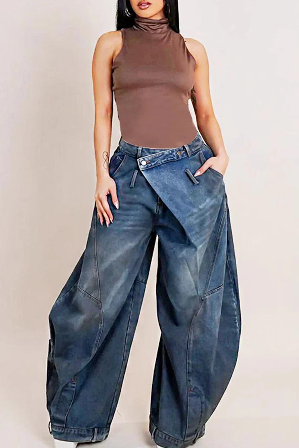 Cyflymder  Women Loose Denim Jeans Pants Washed Casual Harajuku High Street Grunge Denim Asymmetric Button Pocket Trouders Jeans for Women