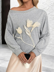 Cyflymder  Autumn All Match Casual Solid Loose Appliques Skew Collar Long Sleeve Sweatshirts