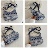 Cyflymder Female Shoulder Messenger Bag Trend Bag Simple Zipper Handbags Ethnic Style Canvas Shoulder Bag Small Tote Woven Beach Bag