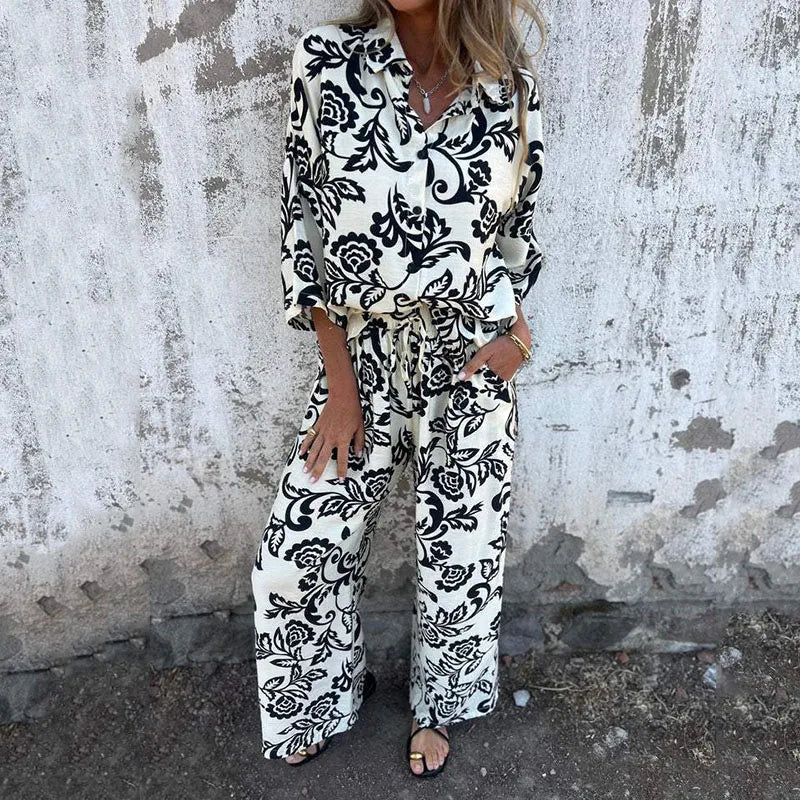Cyflymder  Hot Sale Printed Women's Two Piece Sets Vintage Turndown Collar Long Sleeve Shirt Elastic High Waist Baggy Casual Pants