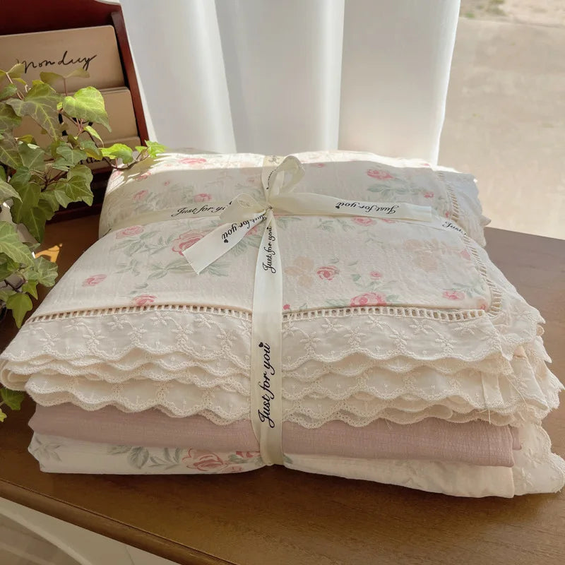 Cyflymder  New A-Class Hollow Lace Bedding Set Fitted Sheet Quilt Cover Pillowcase for Spring Summer Korean Skin Friendly Cozy Bedclothes