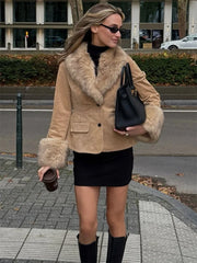 Cyflymder  Fashion Vintage Fur Feather Jackets For Women Pocket V-Neck Long Sleeve Patchwork Winter Commute Coat Female Warm Jackets