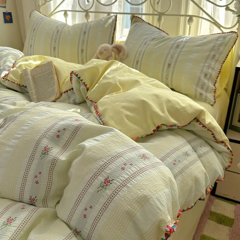 Cyflymder  100% Cotton Yarn-dyed Jacquard Floral Bedding Set Single Queen King Size Duvet Cover Bed Sheet/Fitted Sheet Pillowcases 3/4Pcs