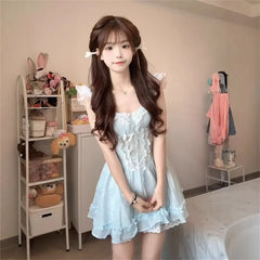 Cyflymder  Sweet Japanese Style Blue Strapless Mini Dress with Wood Grain Edge for Female Students Ideal for Holiday A- Line Skirt