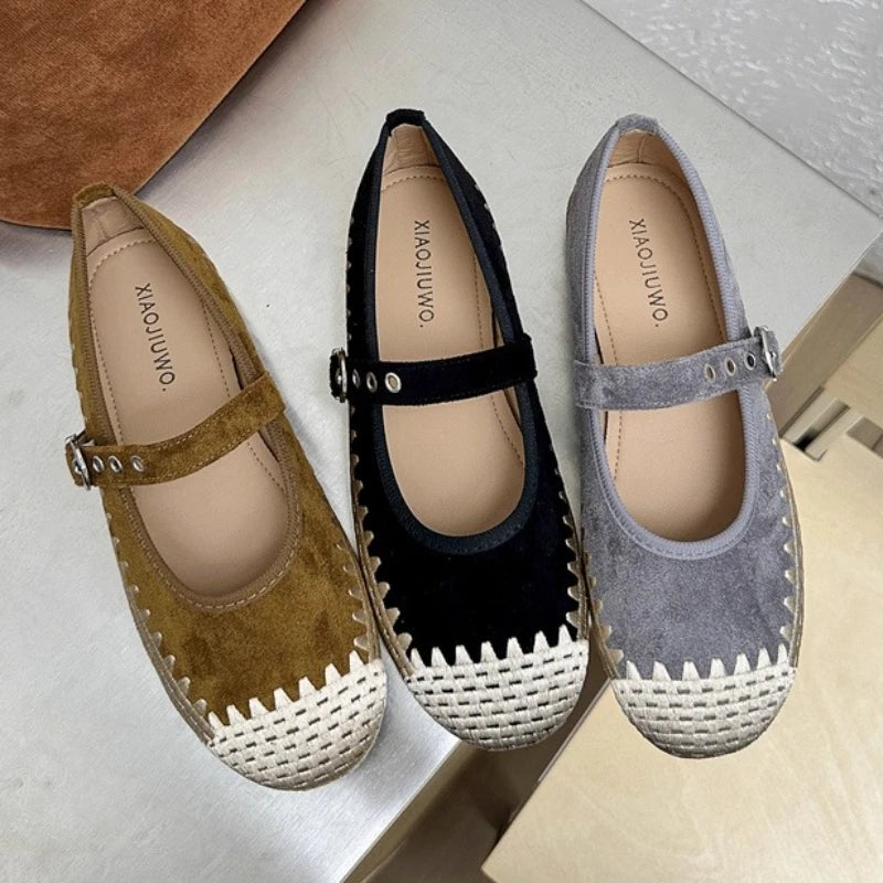 Cyflymder  New Woven Splicing Flats Women Faux Suede French Style Round Toe Buckle Mary Jane Shoes Comfort Shallow Designer Shoes Loafers