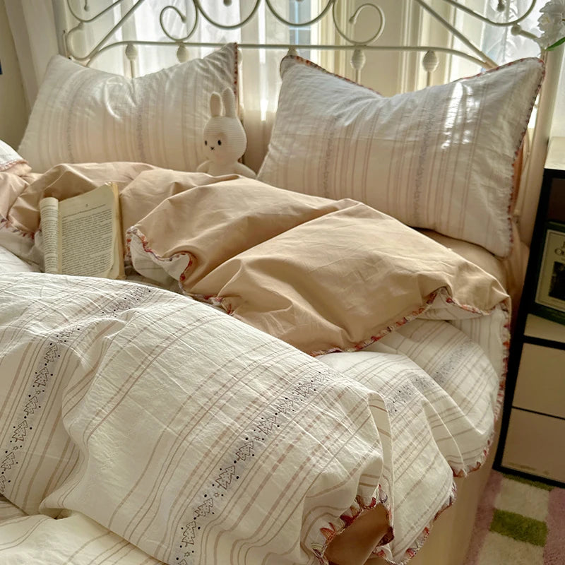 Cyflymder  100% Cotton Yarn-dyed Jacquard Floral Bedding Set Single Queen King Size Duvet Cover Bed Sheet/Fitted Sheet Pillowcases 3/4Pcs