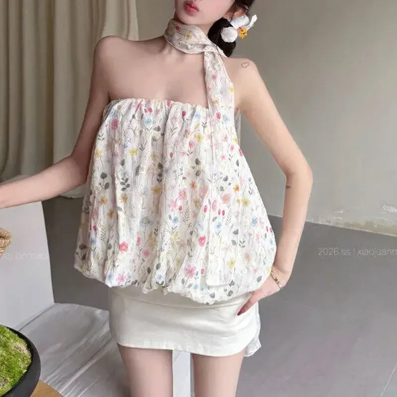 Cyflymder  Color Broken Flowers Strapless Loose Shirts Summer Off Shoulder Female Clothing Dopamine Fashion Sleeveless Sweet Folds Blouse
