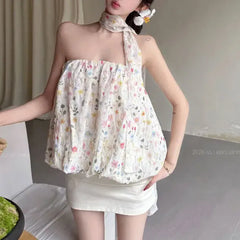 Cyflymder  Color Broken Flowers Strapless Loose Shirts Summer Off Shoulder Female Clothing Dopamine Fashion Sleeveless Sweet Folds Blouse