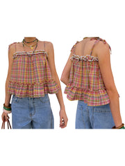 Cyflymder  Women s Plaid Tank Tops Stylish Square Neck Sleeveless Spaghetti Strap Ruffled Hem Camisole for Summer Fashion