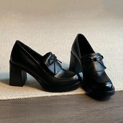 Cyflymder  8CM Silent High Heel Thick Sole Loafers Women's British Style Mary Jane Single Shoes Vintage Small Leather Shoes Women，34-40