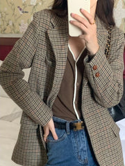 Cyflymder  Retro Briti Sle Plaid Woolen Coat Women's Chic Lapel Single Button Suit Jaet Trendy Mid-Length Long Sve Busin Wear