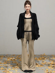 Cyflymder  Y2k Aesthetic 3 Piece Sets Grunge Loose Solid Cardigan + Patchwork Fairy Vest + Drawstring Stripe Flared Pants Autumn Outfits