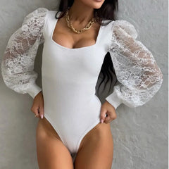 Cyflymder  Simple Solid Color Club Party Rompers Lace Lantern Sleeve Patchwork Slim Fit Playsuit Autumn Sexy V Neck Wrap Women's Jumpsuit