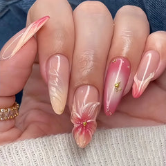 Cyflymder  24Pcs French Gradient Water Ripple Press on Fake Nails Long Stiletto Reusable False Nails with 3D Red Flower Smudge Manicure Tip