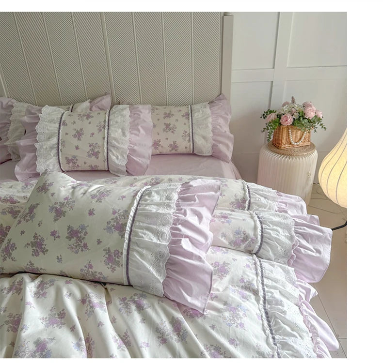 Cyflymder  Pink Floral Double Layer Lace Ruffles 100% Cotton Bedding Set Duvet Cover Set Bed Sheet/Bed Skirt/Fitted Sheet Pillowcases 4Pcs