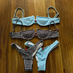 Cyflymder   Plaid Push Up Bikini Bandeau Biquini Women Sexy Swimsuit Printed Swimwear Female Low Waist Swim Suits Bathingsuit Beachwear