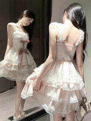 Cyflymder  Sweet Dresses Women Lace Patchwork Bow Bandage Sleeveless Ribbon Backless Elegant Party Mini Dress Female Princess