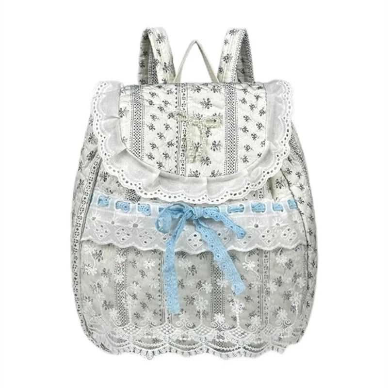 Cyflymder  Korean Lace Patchwork Sweet Bow Backpack Women Students Chic Flower Print Bow Schoolbags Y2k Aesthetic Girls All Match Backpacks