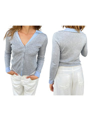 Cyflymder  Women Blouses Stylish Long Sleeve V-neck Button Down Patchwork Top with  Fit Design for Chic Street Style and Everyday Wear