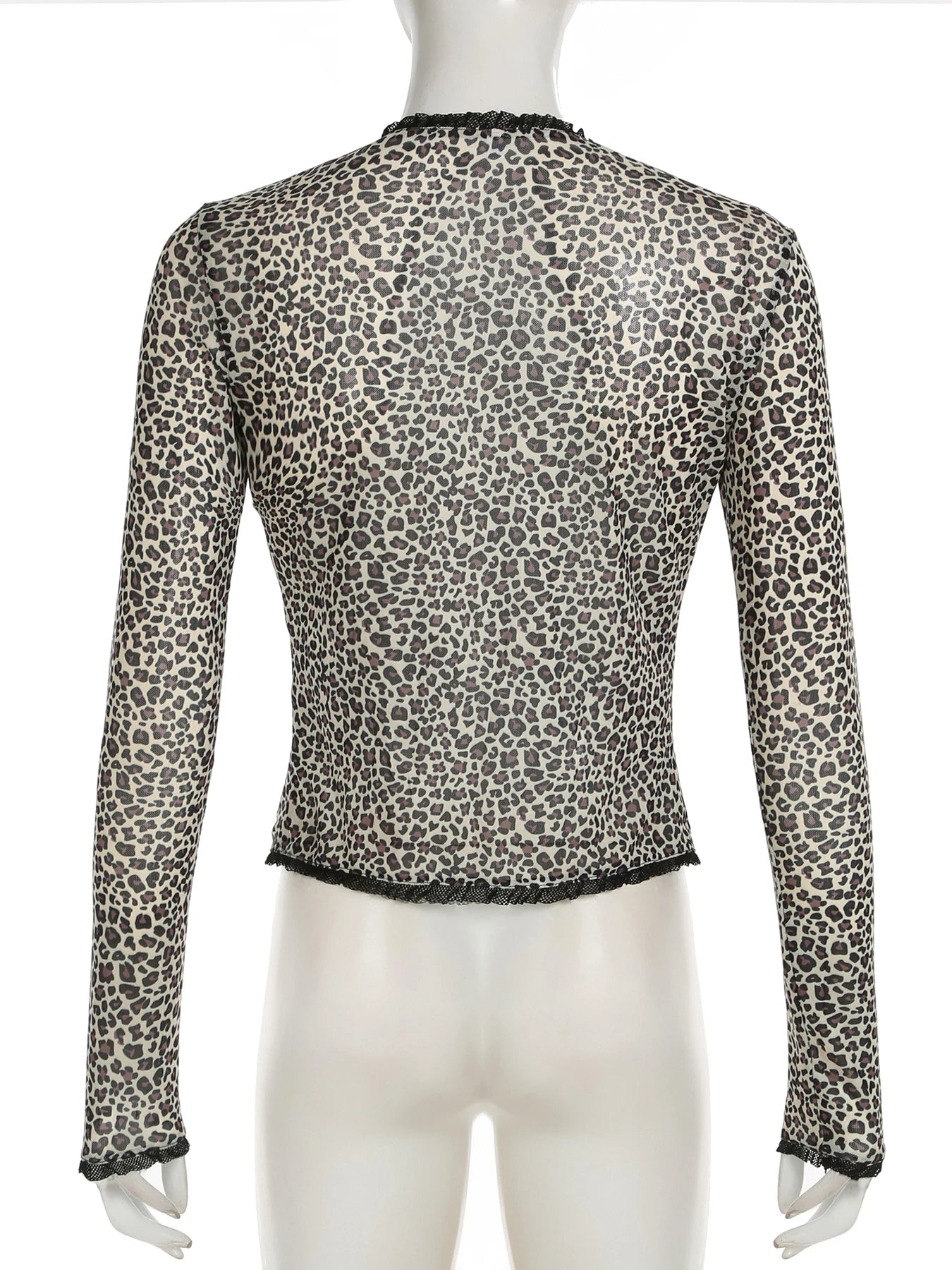 Cyflymder  See Through Leopard Printed Mesh T Shirt Cardigans Sexy Slim Lace Trim O-Neck Long Sleeve Split Tees Women 2025 Summer