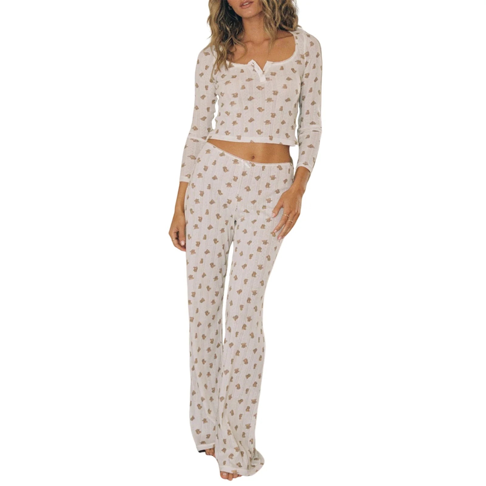 Cyflymder  Women s Pajama Set with Cute Heart and Bear Print Long Sleeve Crop Tops and Elastic Waist Long Pants 2 Piece Lounge Outfit