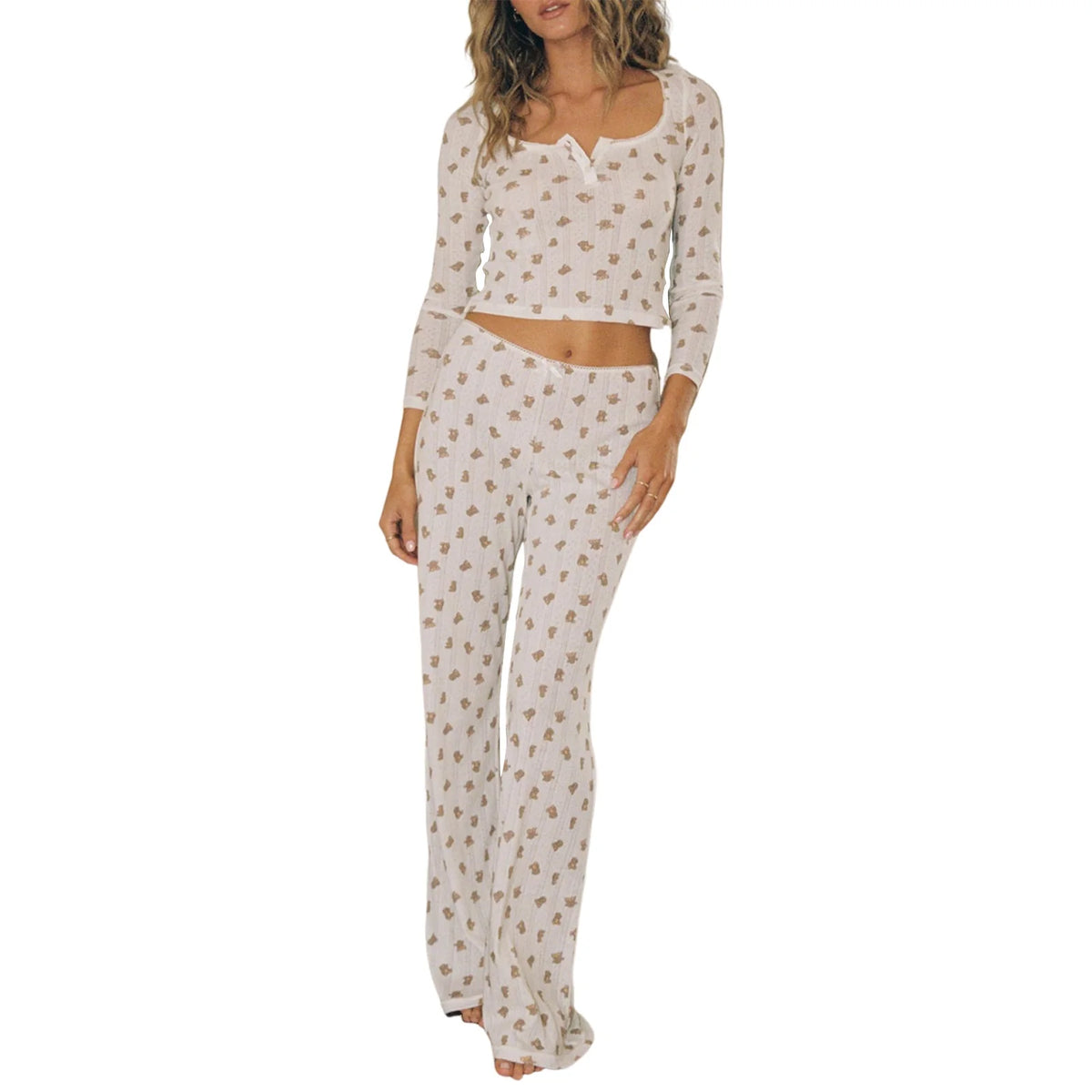 Cyflymder  Women s Pajama Set with Cute Heart and Bear Print Long Sleeve Crop Tops and Elastic Waist Long Pants 2 Piece Lounge Outfit