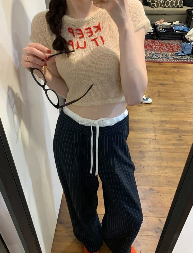Cyflymder  Korean chic spring retro niche splicing high waist lace up versatile slim striped casual pants wide leg pants long 2025 New
