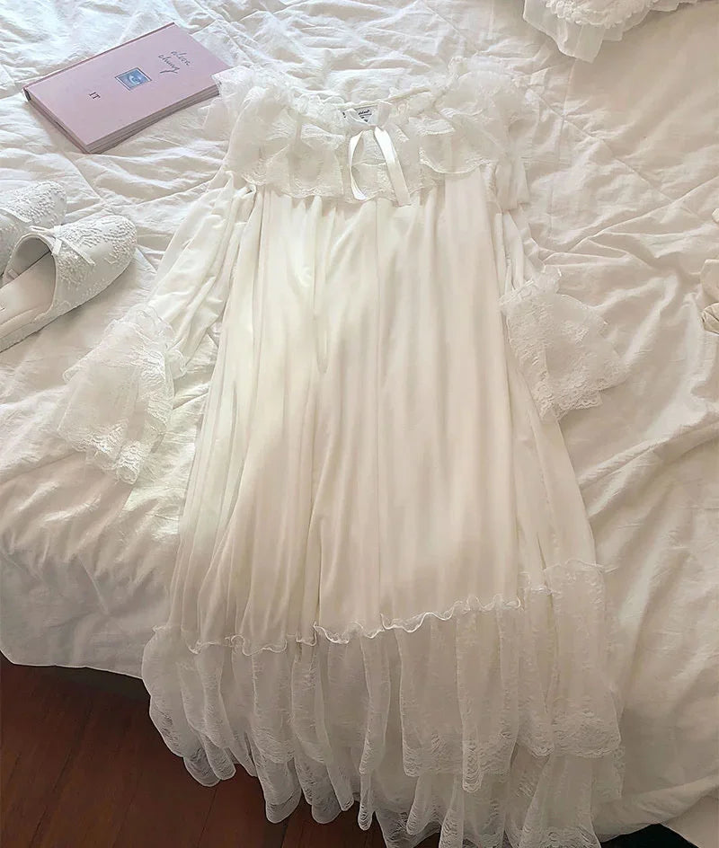 Cyflymder  Women's Lolita White Princess Dress Sleepshirts Vintage Palace Style Multilayer Lace Mesh Nightgowns.Nightdress Sleep Loungewear