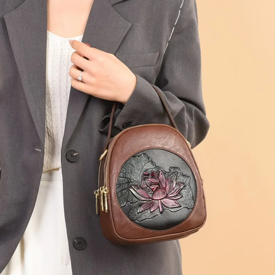 Cyflymder  Luxury 3-Layer Pockets PU Leather Women's Leisure Shoulder Bag and Purses Fashionable Lotus Pattern Crossbody Bag Ladies Sac