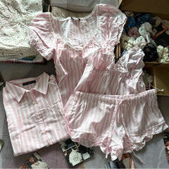Cyflymder  Pink Striped Puff Sleeves Tees Women Simple Pretty Versatile Blouse with Short Sleeve Tops Sweet Preppy Style Cute T-shirts Y2K