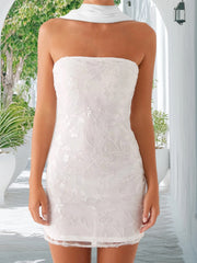 Cyflymder  Women s Summer Floral Embroidered Bandeau Dress with Off Shoulder Design and Matching Scarf for a Stylish Look