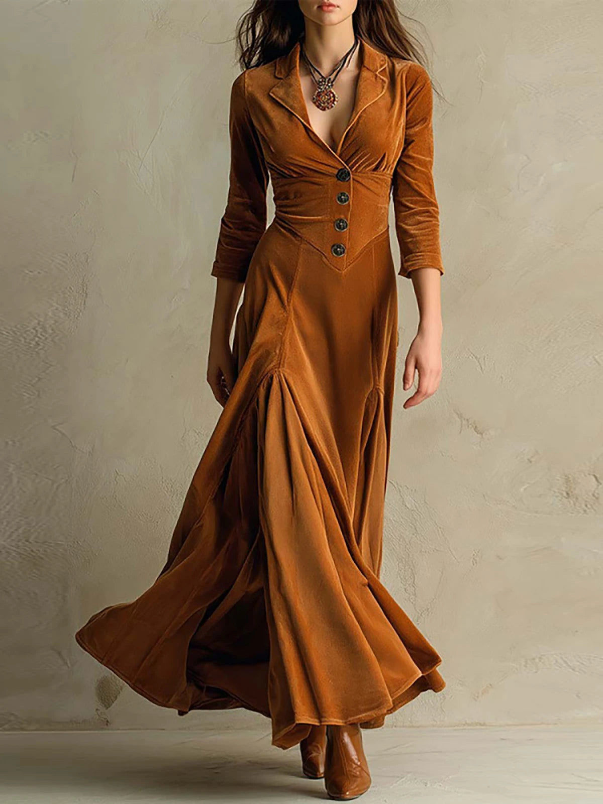 Cyflymder  Women British Velvet Satin Elegant Dress Solid Lapel High Waist Temperament Autumn Dress High Street A-Line Fashion Maxi Dresses
