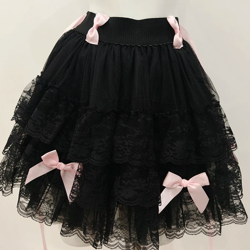 Cyflymder   Multilayered Lace Skirts for Sweet Girls Summer Ribbons Bows Decoration Elastic Waist Lolita Style White Skirt Kawaii Clothes