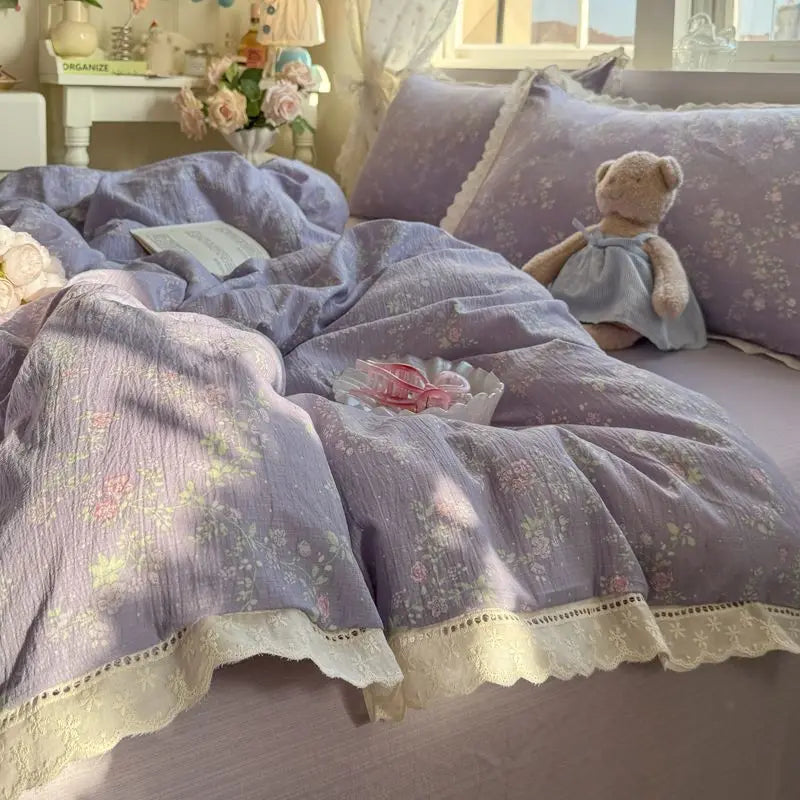 Cyflymder  Korean Style Girly Heart Floral Double Layer Gauze Four-Piece Set Princess Style Lace Trim Quilt Cover Bed Sheet Dormitory