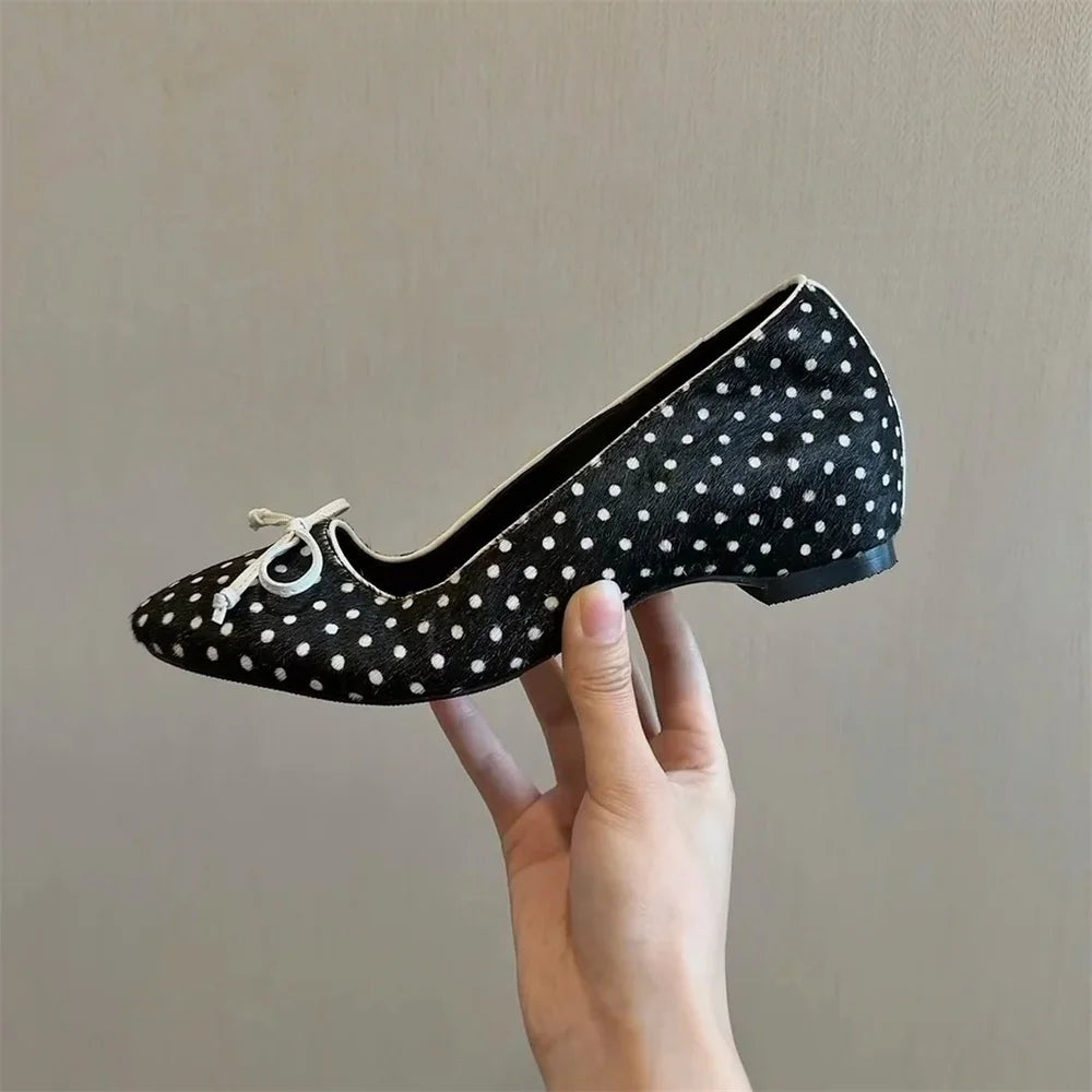 Cyflymder  Brand Design Black Dots Slip On Loafers Shoes Women Elegant White Horsehair Inner Med Heels Comfy Walk Daily Office Lady Pumps