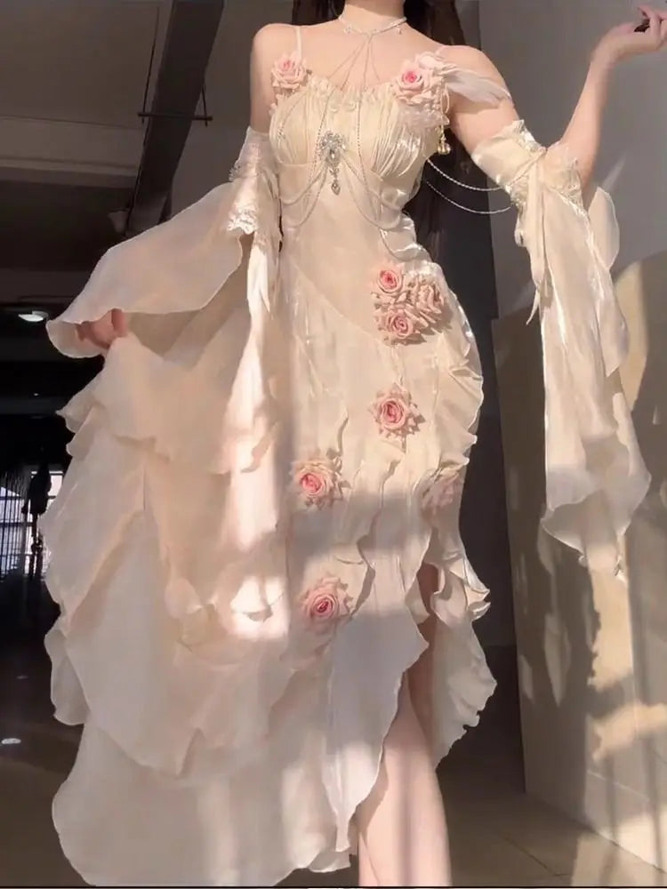 Cyflymder  High end 3D Rose Strap Camisole Dress Lolita Dress Elegant Goddess Style Sweet Slimming Fishtail Long Dresses for Women