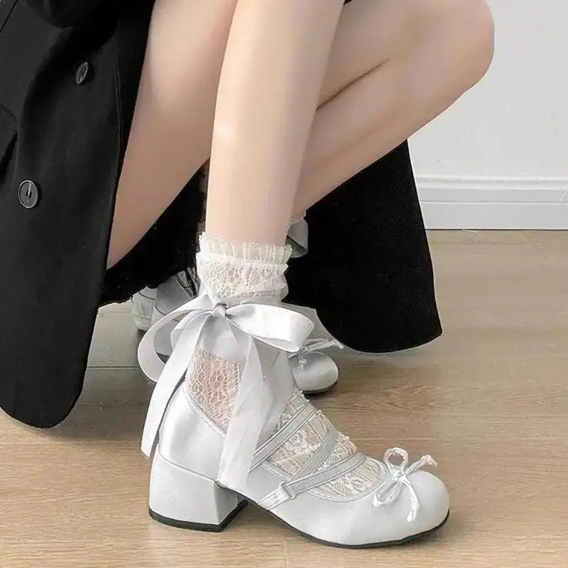 Cyflymder  Lolita Cross Strap Pink Round Toe Shoes Ladies Sweet Butterfly Knot Med Heels Mary Janes Shoes Women Fashion Party Shoes Mujer