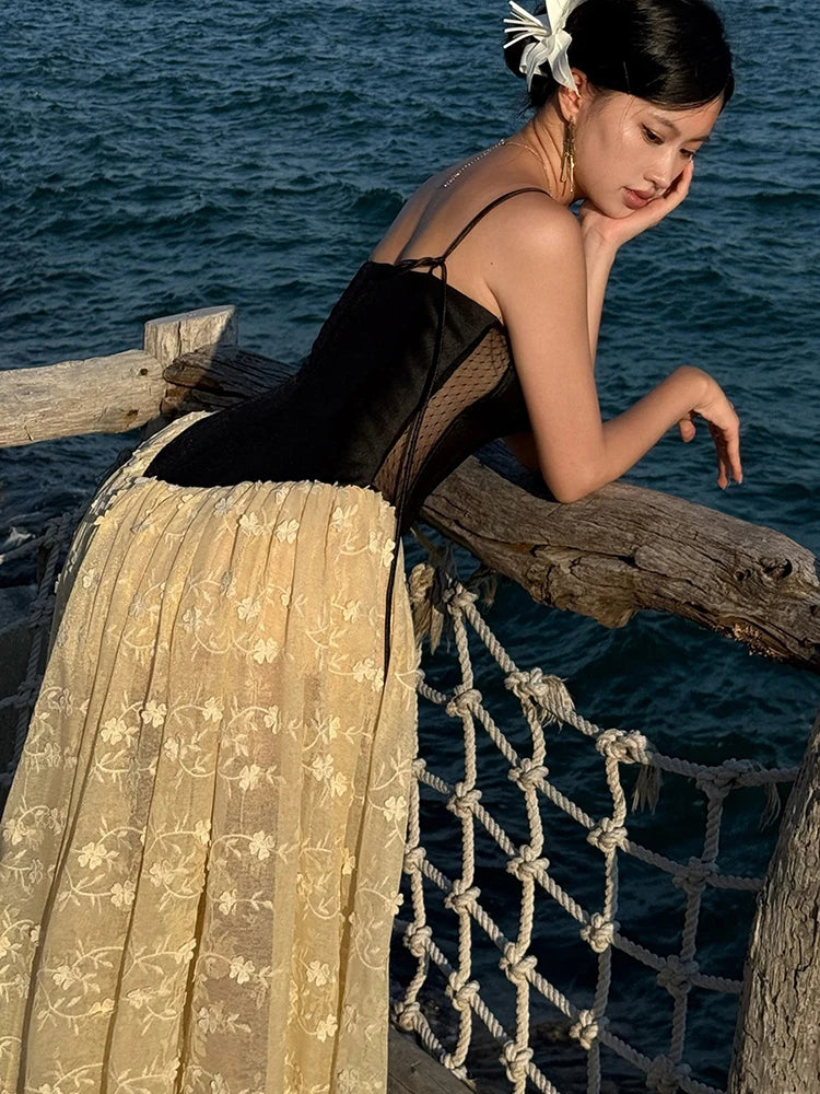 Cyflymder  Patchwork Jacquard Split Dress Women Bow Lace-Up Mesh Low Chest Fairycore Birthday Beach Vocation Skinny Long Bodycon