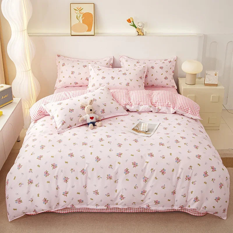 Cyflymder  Ins Style Plant Printed Skin Friendly Cotton Bed Sets 4Pcs Soft Cozy Duvet Cover Set for All Seasons King Queen Textile Supplies