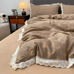 Cyflymder  INS French Lace Trim Bowknot Double Layer Gauze Quilt Cover Four-Piece Set Simple Bed Sheet Fitted Sheet Dormitory Three-Piece