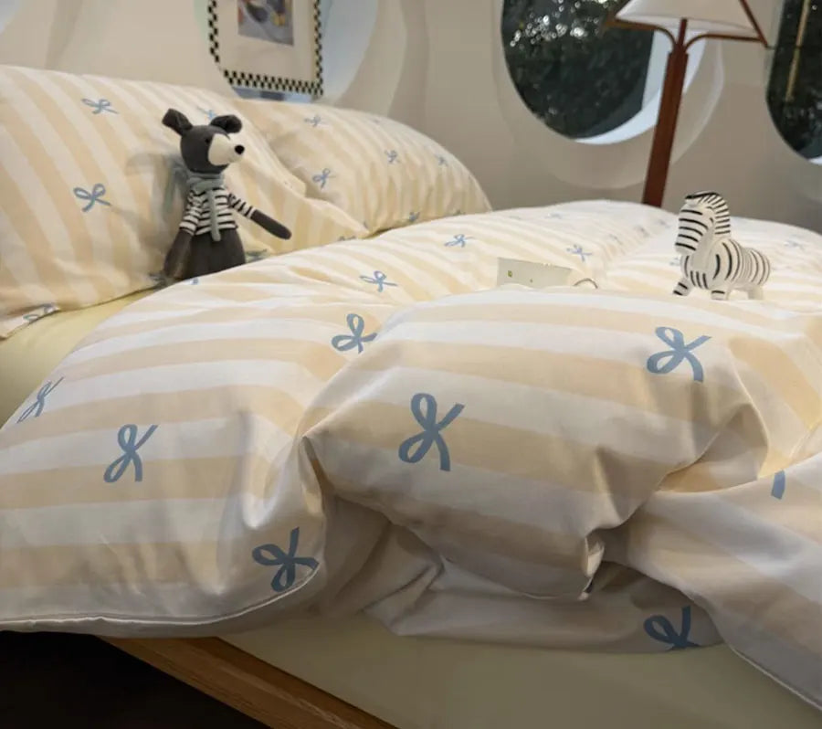 Cyflymder  Romantic sweet cute bow stripe bedding set teen,twin full queen lovely simple cotton home textile sheet pillow case quilt cover