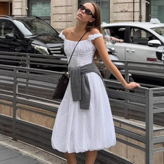 Cyflymder  Women Jacquard Off-The-Shoulder Dress Summer New French Hollow Embroidery Slim Flower Bud long Dress Female Banquet Dress