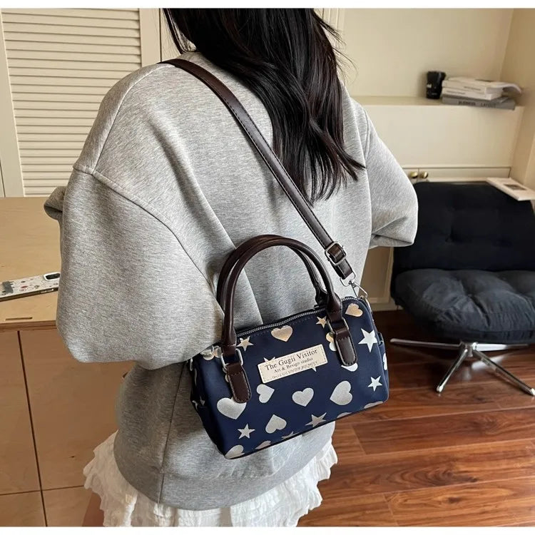 Cyflymder  Harajuku Style Heart Star Print Canvas Bag Women Sweet Cute Boston Bag Ladies Versatile Fashion Trendy Handbag Y2k Aesthetic New