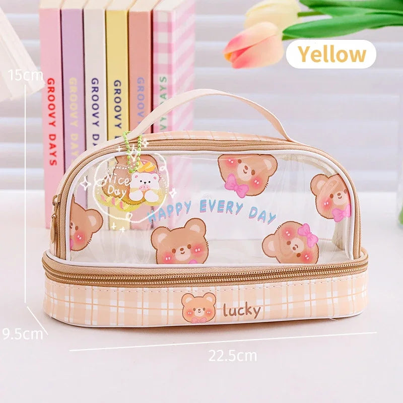 Cyflymder  Cute Transparent Pencil Case Kawaii Bunny Bear Pencil Pouch 2- Layer High Capacity Waterproof Protable Stationery Storage Bag